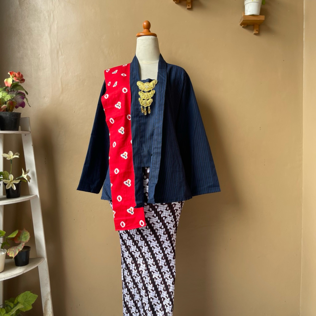 setelan kebaya baju lurik adat jawa KUTUBARU lengan panjang dewasa wanita (atasan+slendang+bros+rok 