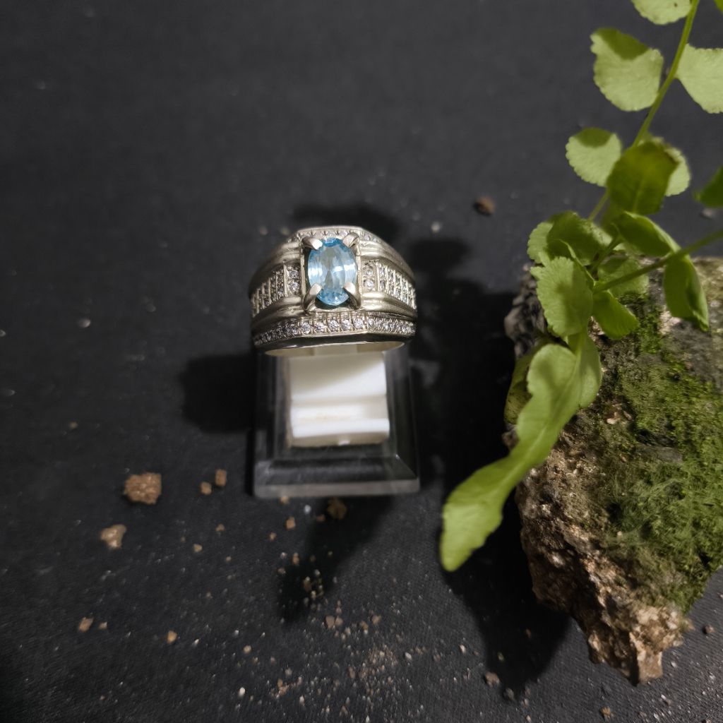 Batu Natural Blue Zircon Ring Perak 925 Kualitas Pilihan
