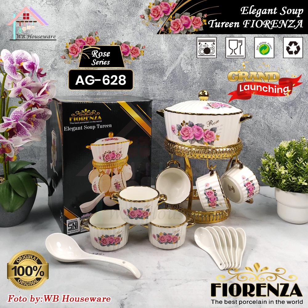 FIORENZA soup tureen Rose Gold deluxe series with rack / mangkok es buah keramik + sendok AG-628