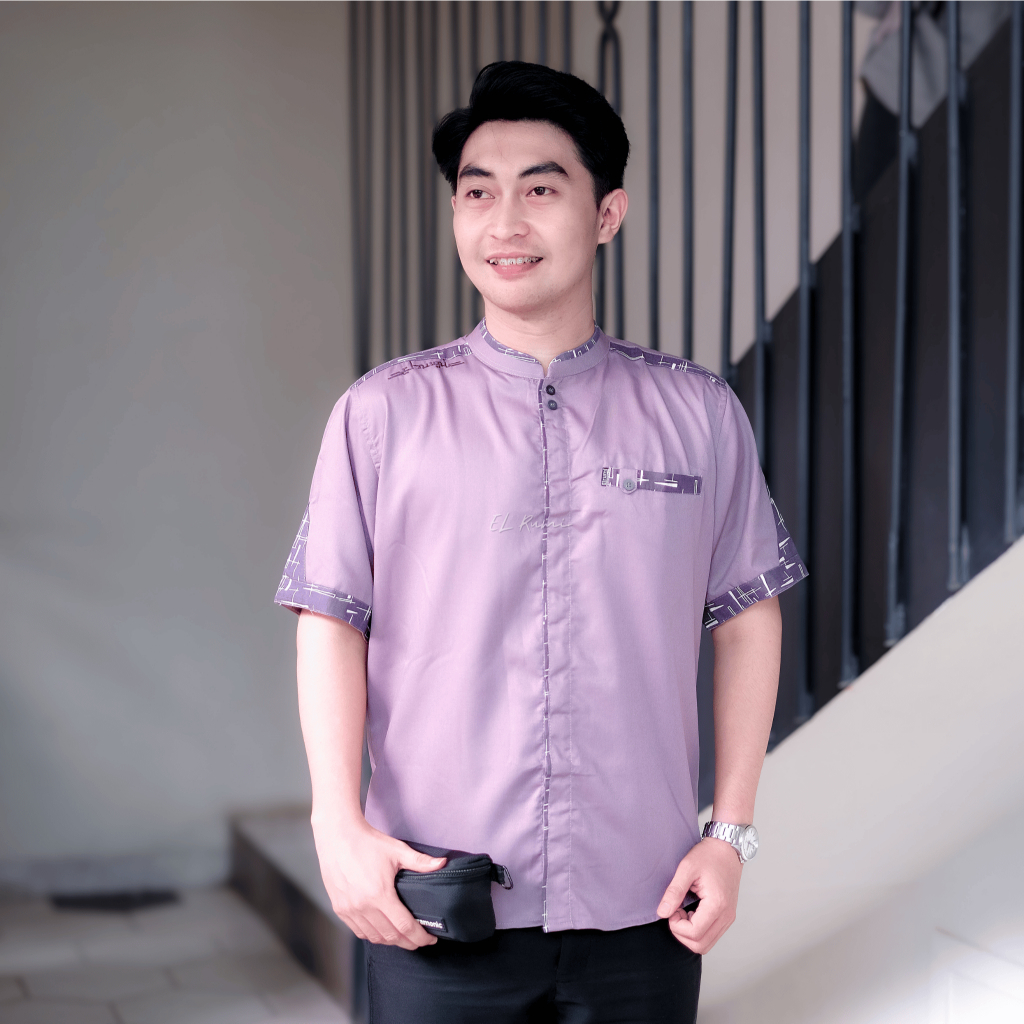 Baju Koko Pria Dewasa Lengan Pendek El Rumi Motif Yisunsin Terbaru Lilac Kekinian