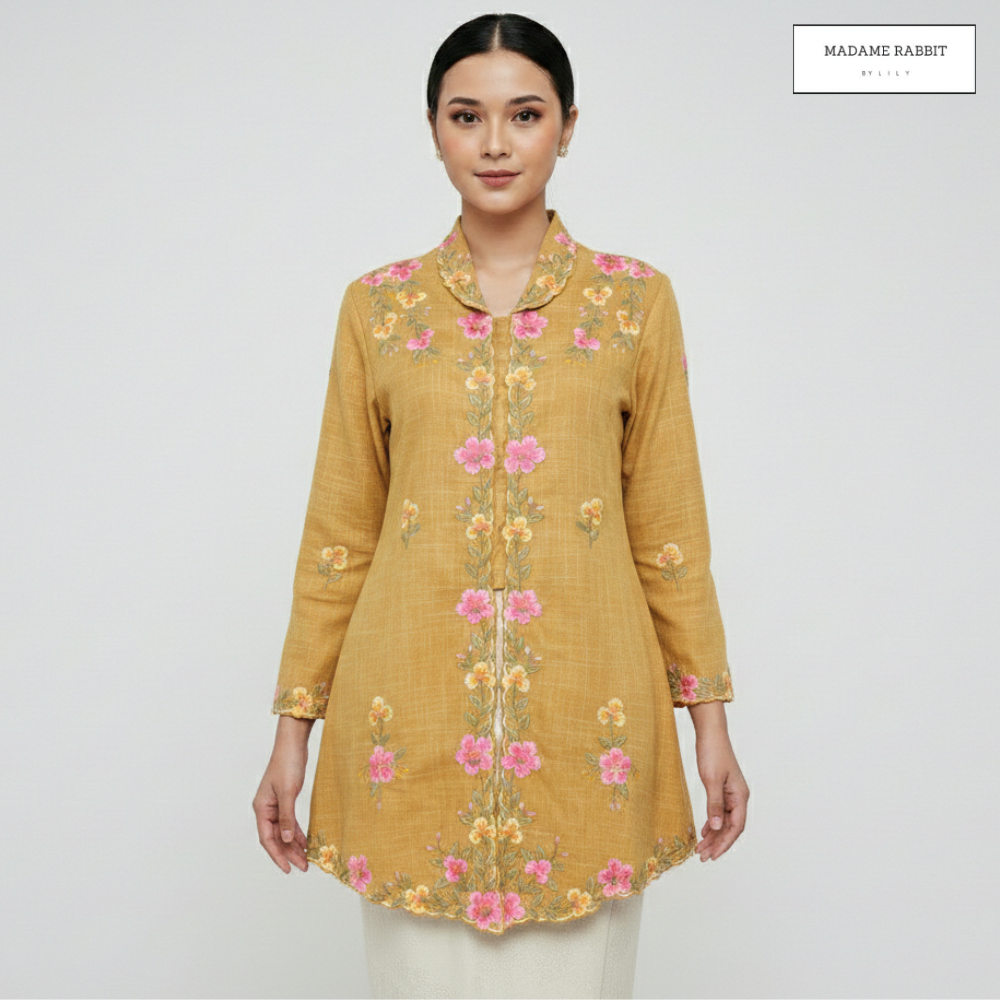 Kebaya Tunik Mustard Velvet Bloom Madame Rabbit Lengan Panjang Bordir Manual Kain Halus Cantik