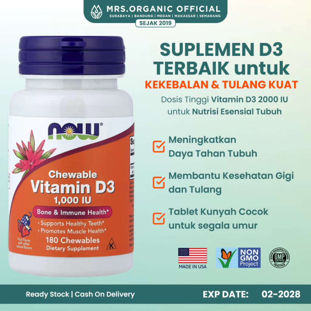 Now Vitamin D3 1000 IU D-3 1.000IU Isi 180 Chewables - Vitamin D3 untuk Anak & Dewasa Tablet Kunyah