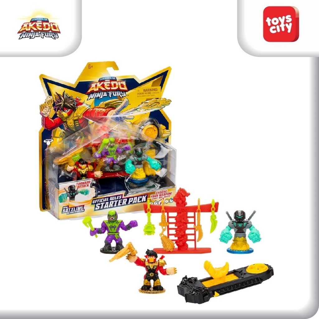 Akedo Ninja Fury Mini Battling Action Warriors Starter Pack with Weapon Rack Mainan Anak Figure Play