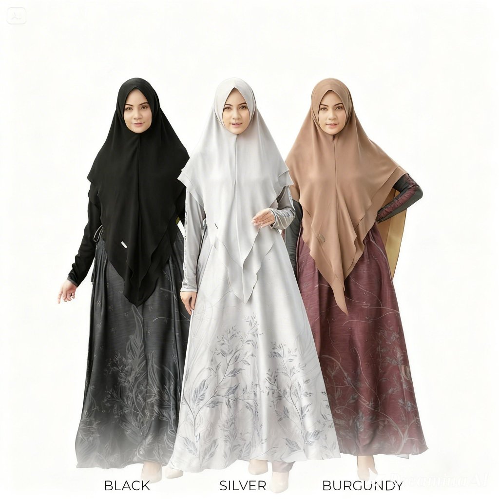 Albarizk Umma Madame Dress Set Khimar Ceruty Gamis Motif Bahan jersey mix silk printing griya mey