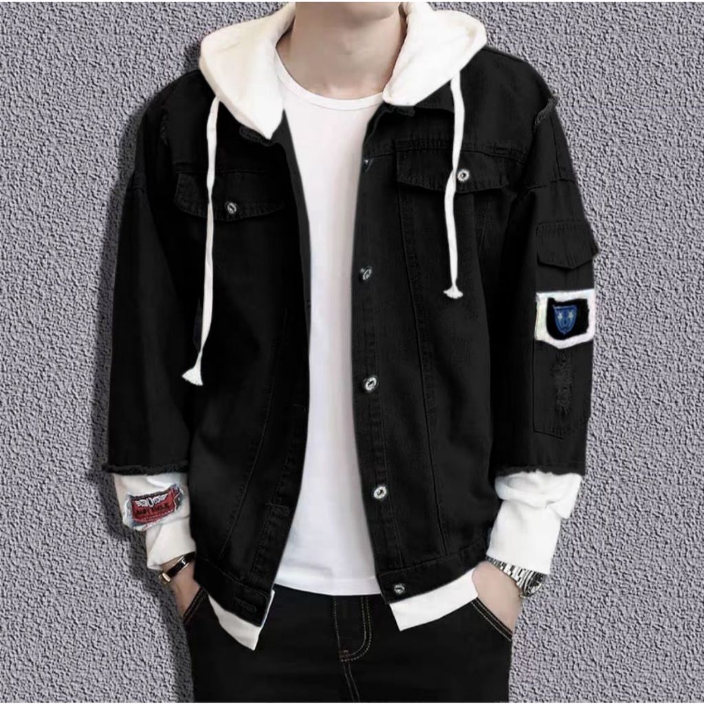 BESTPROMO Jacket Jeans Hip Hop Korea Style Pria Wanita Kupluk Denim Hitam MM.STORE