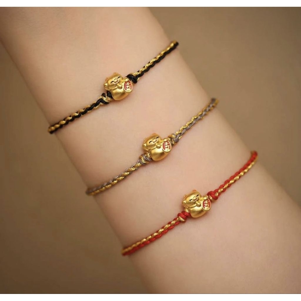 MELDY SHOP - Gelang emas hongkong HK 24 karat kucing rejeki menekineko fengshui tali simpul merah OR