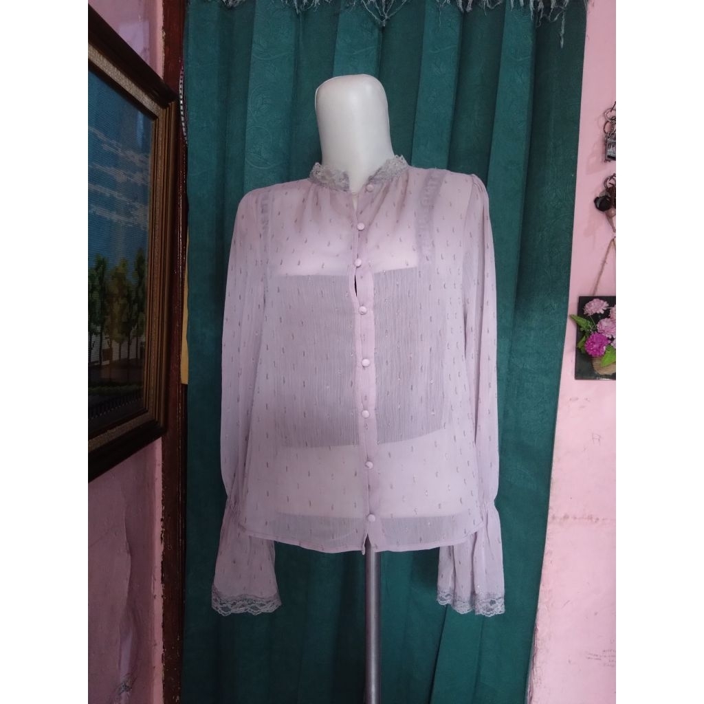 P215 Blouse sifon bertekstur mix brukat warna lilac