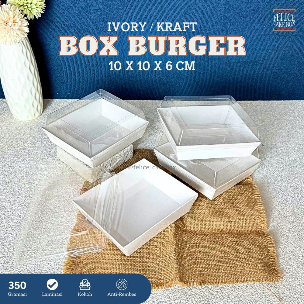 BOX BURGER PREMIUM 10X10X6 CM / KEMASAN BURGER IVORY PREMIUM MIKA / DUS BURGER MIKA / BOX SANDWICH /