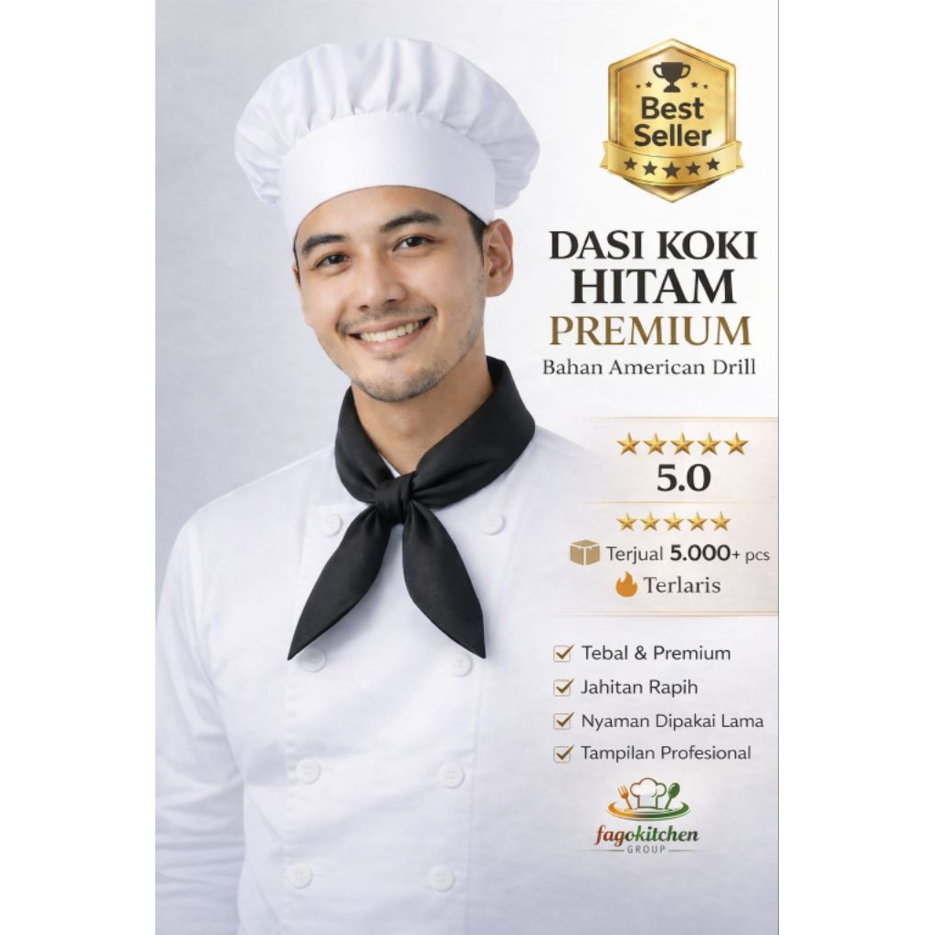 Dasi Koki Hitam Premium Bahan American Drill Tebal – Neckerchief Chef Restoran Hotel Cafe – Jahitan 