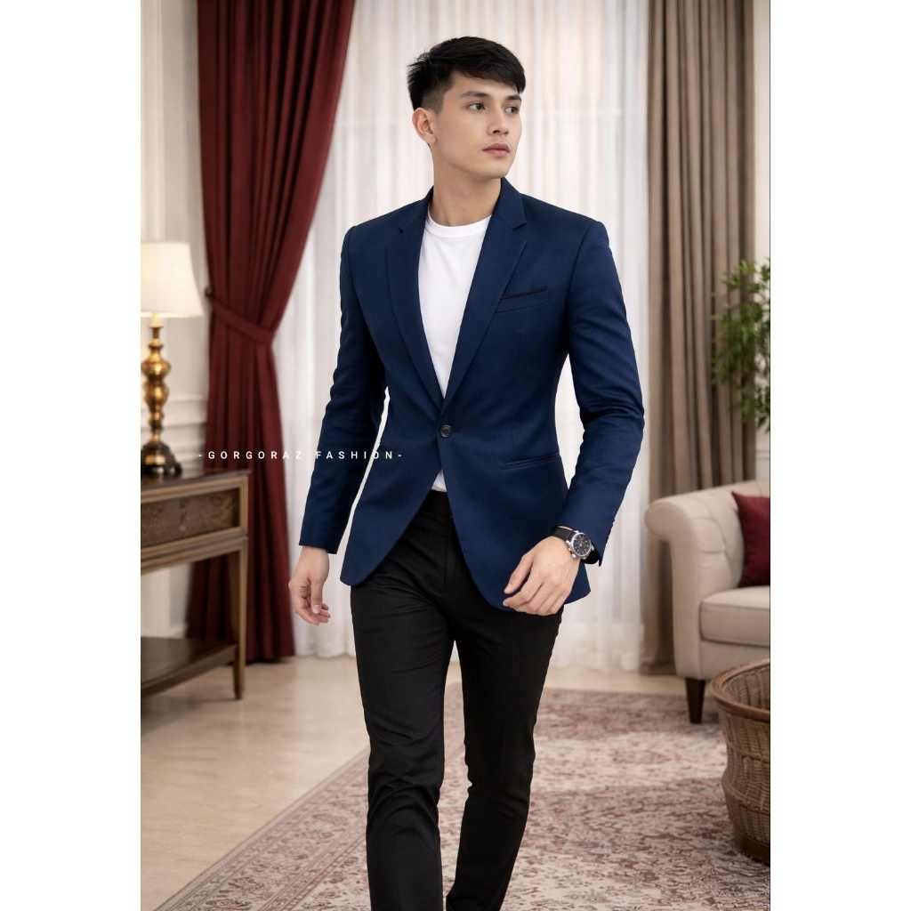 jas pria navy blue biru dongker mode rizen slimfit realpic original berkualitas