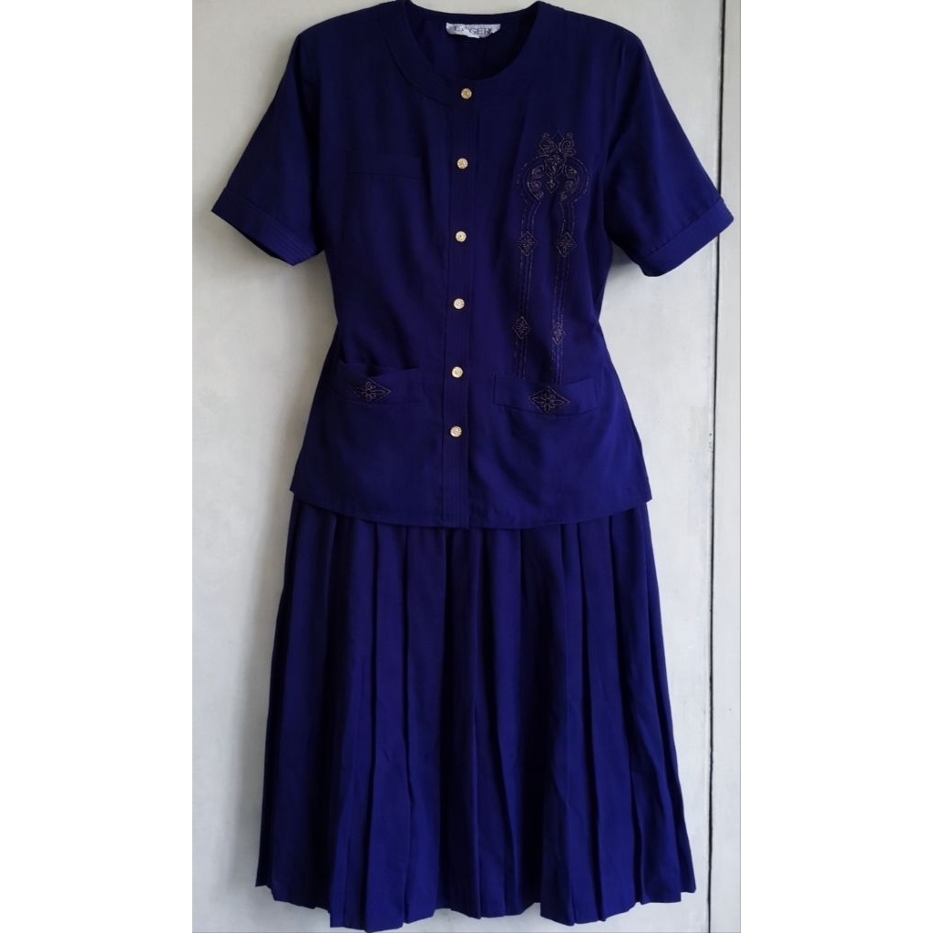 Setelan Blus & Rok Vintage Biru Elektrik