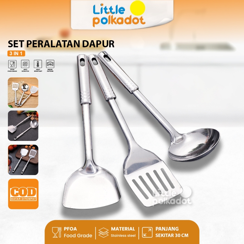 Littlepolkadot 3-in-1 Set Peralatan Dapur Stainless Steel Peralatan Masak Dapur Spatula Sendok Sayur