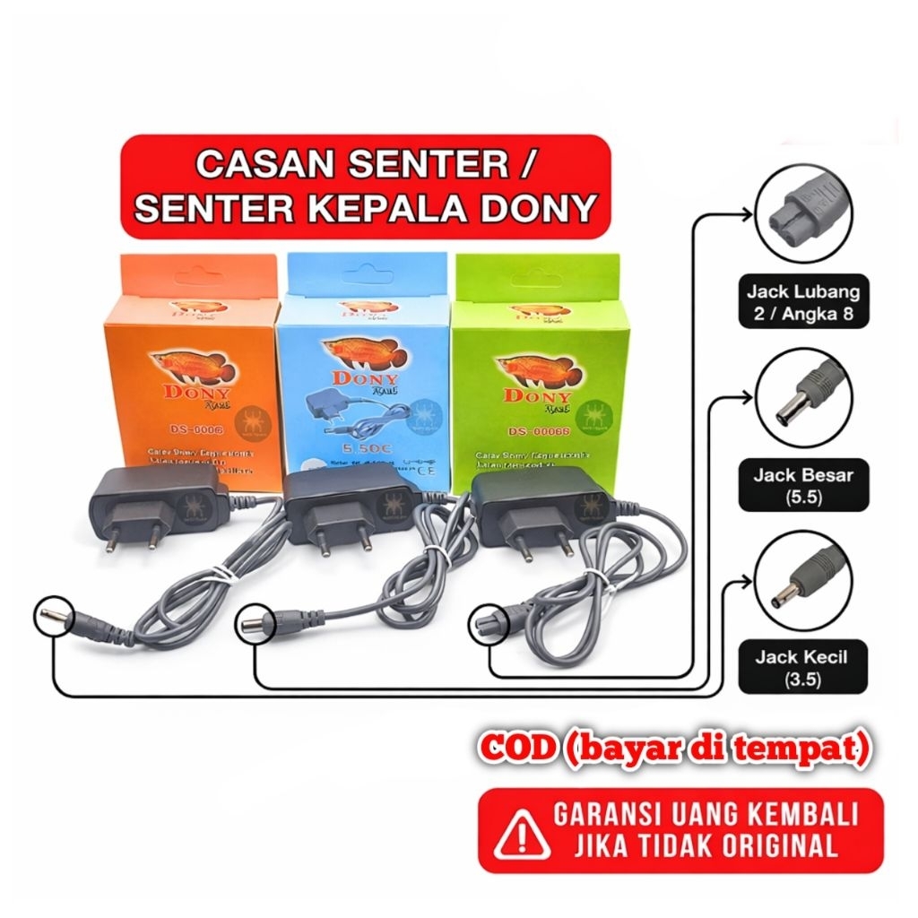 Charger Senter Kepala DONY Original Casan Headlamp Multi Jack 3.5 5.5 2 Lubang Universal Cas Senter 