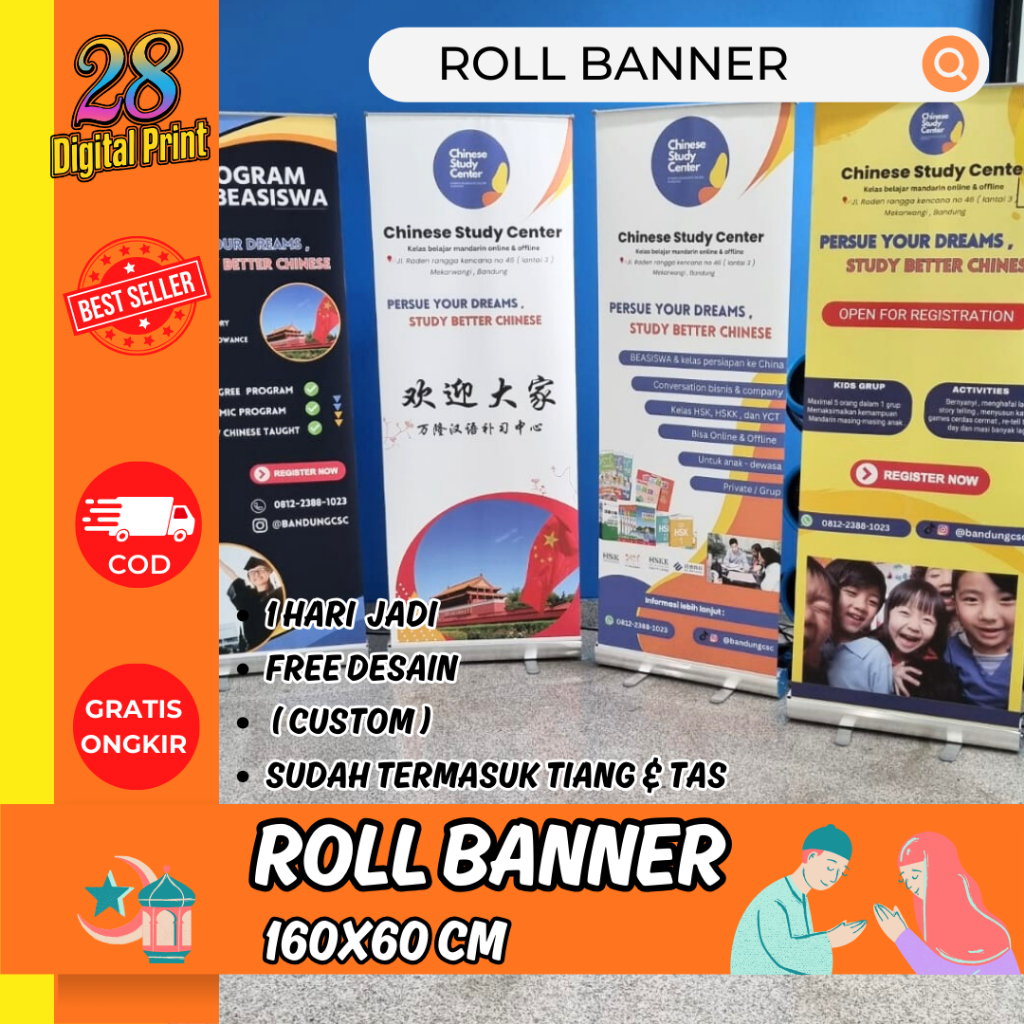 Roll Banner 60x160 80x200 Custom Cetak Full Color Bahan Albatros Flexi Standing Banner Promosi Event