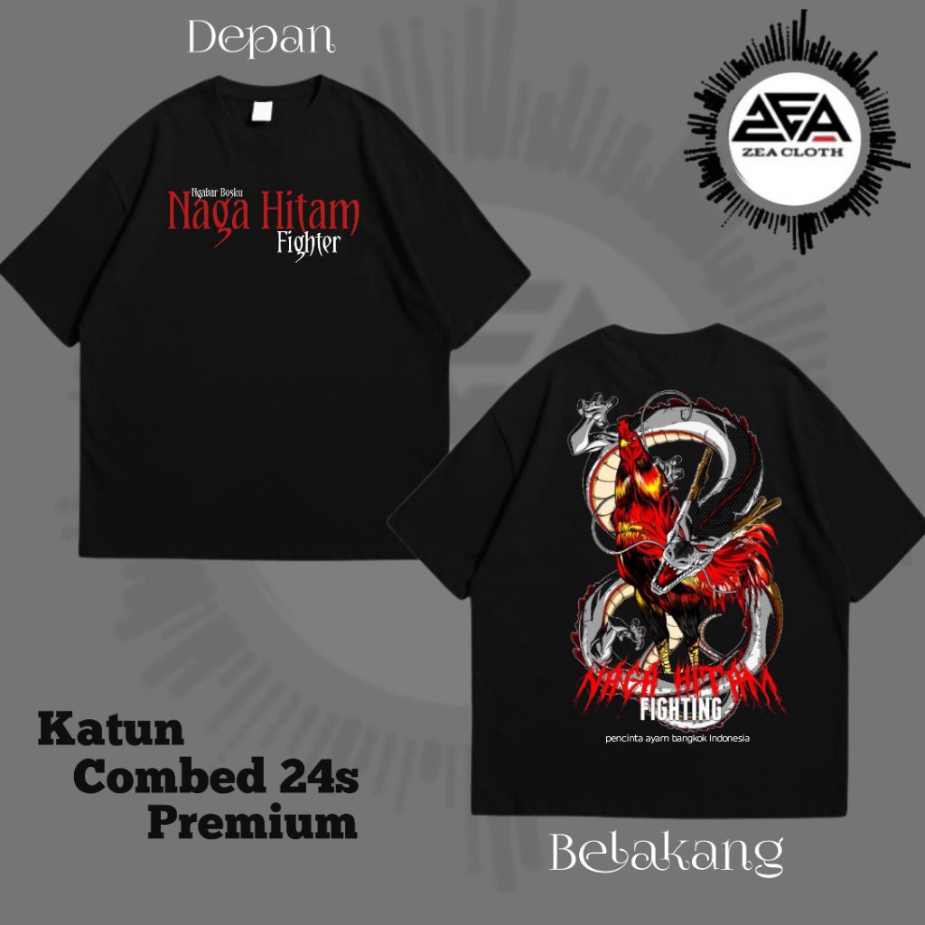 Kaos Ngabar Bosku Naga Hitam Fighter /Baju T-shirt Ayam Bangkok Fighter Unisex