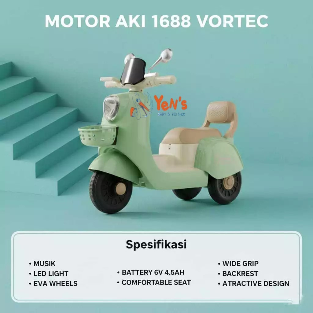 Mainan Anak Motor Aki Vespa Vortec 1688 Remote - Musik & LED Light