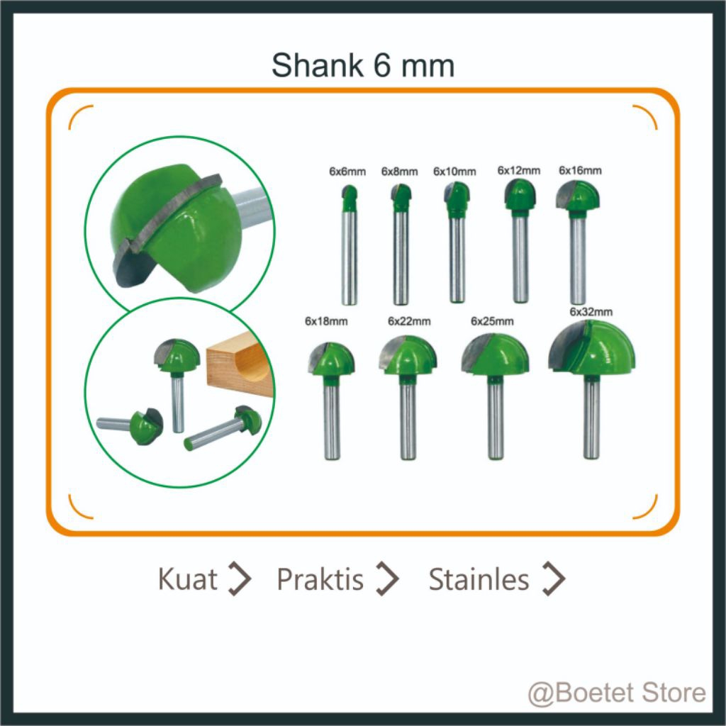 Mata Bor Profil Kayu Round Bit Mata Router Setengah Lingkaran Batang As 6mm Berkualitas