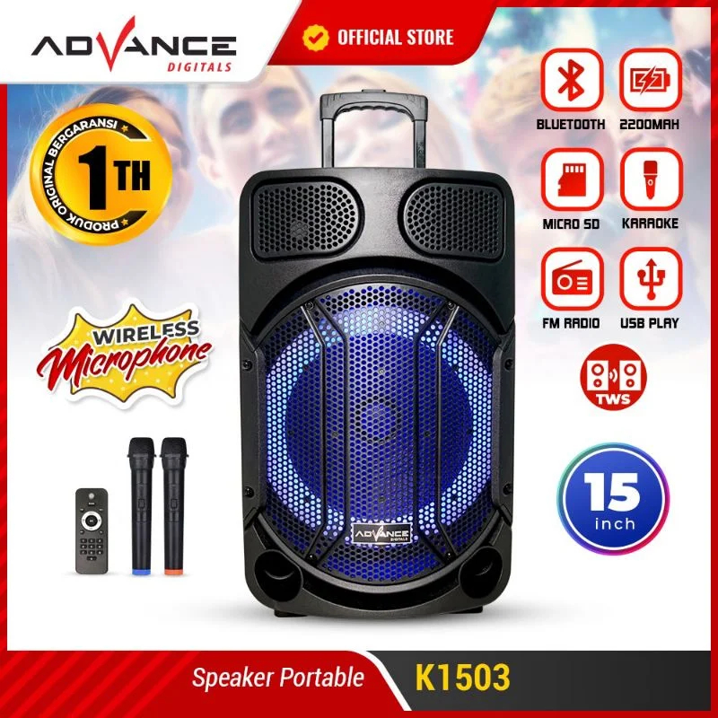 Advance K1503 Speaker Meeting Bluetooth Salon Aktif 15 inch Gratis 2 Mic Karoke Batrei Besar RGB Lig