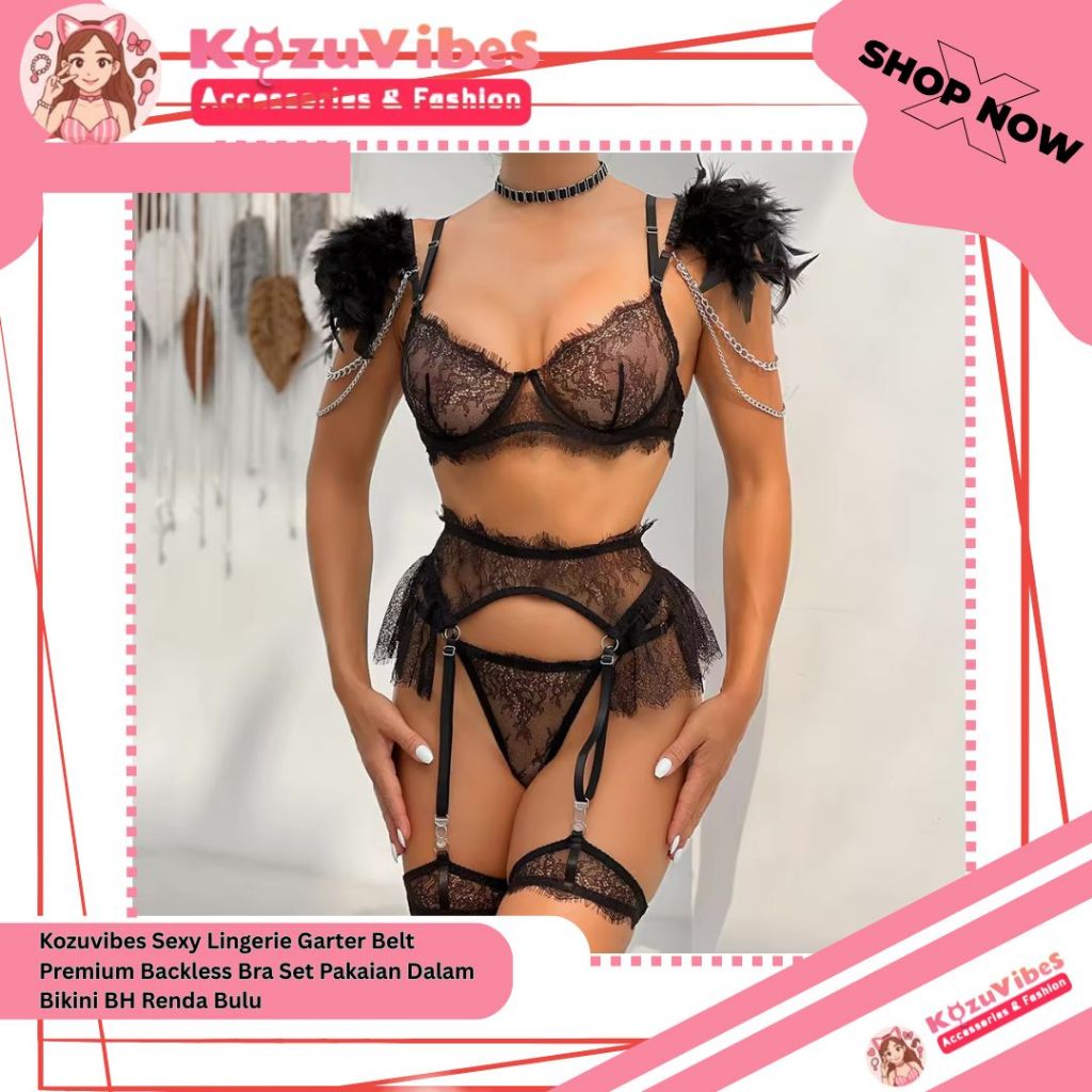 Kozuvibes Sexy Lingerie Garter Belt Premium Backless Bra Set Pakaian Dalam Bikini BH Renda Bulu