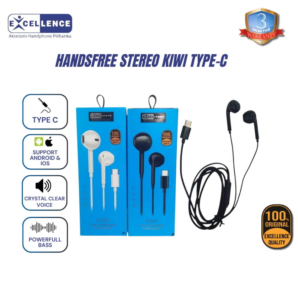 EXCELLENCE Handsfree Stereo Kiwi Type-C Earphone Headset Universal Original High Quality
