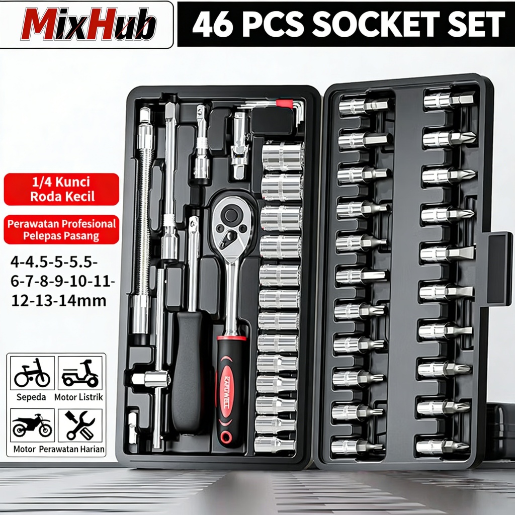 Set Kunci Sok 46 PCS 1/4 Inch - Alat Perbaikan Lengkap untuk Mobil & Motor