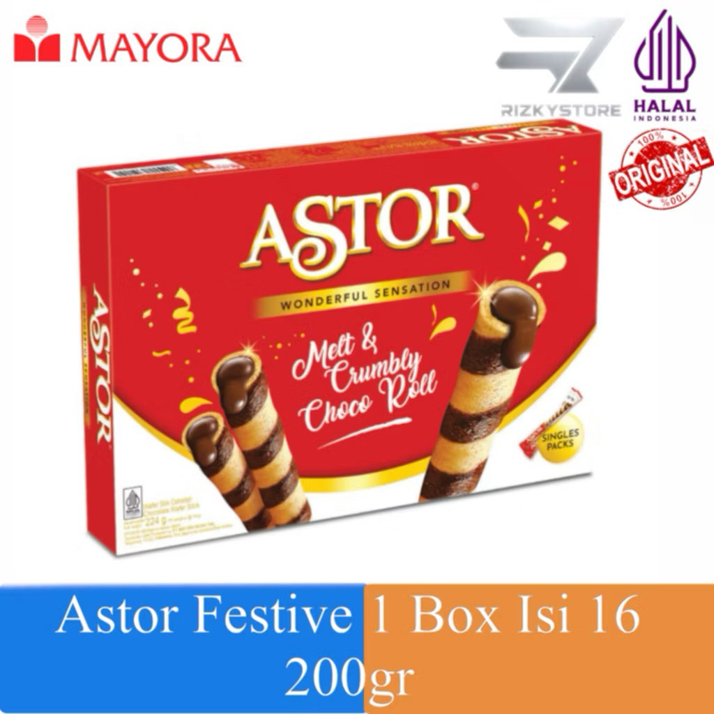 Astor Festive 1 Box 16 Pcs  200gr - Wafer Stik Cokelat Chocolate Stick Singles Packs - Dus Besar MAY