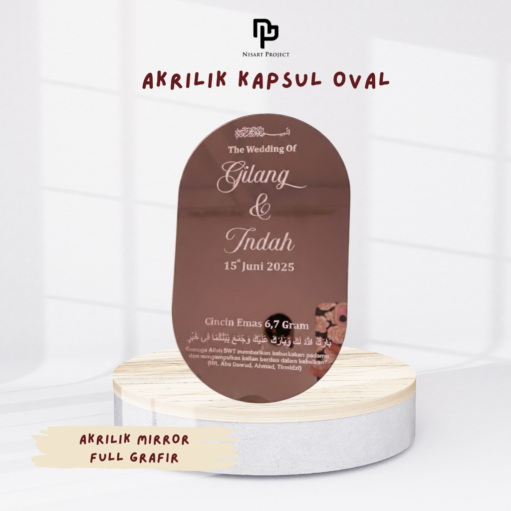 Akrilik Kapsul Oval Akrilik Mirror Full Grafir Dekorasi Mahar Pernikahan