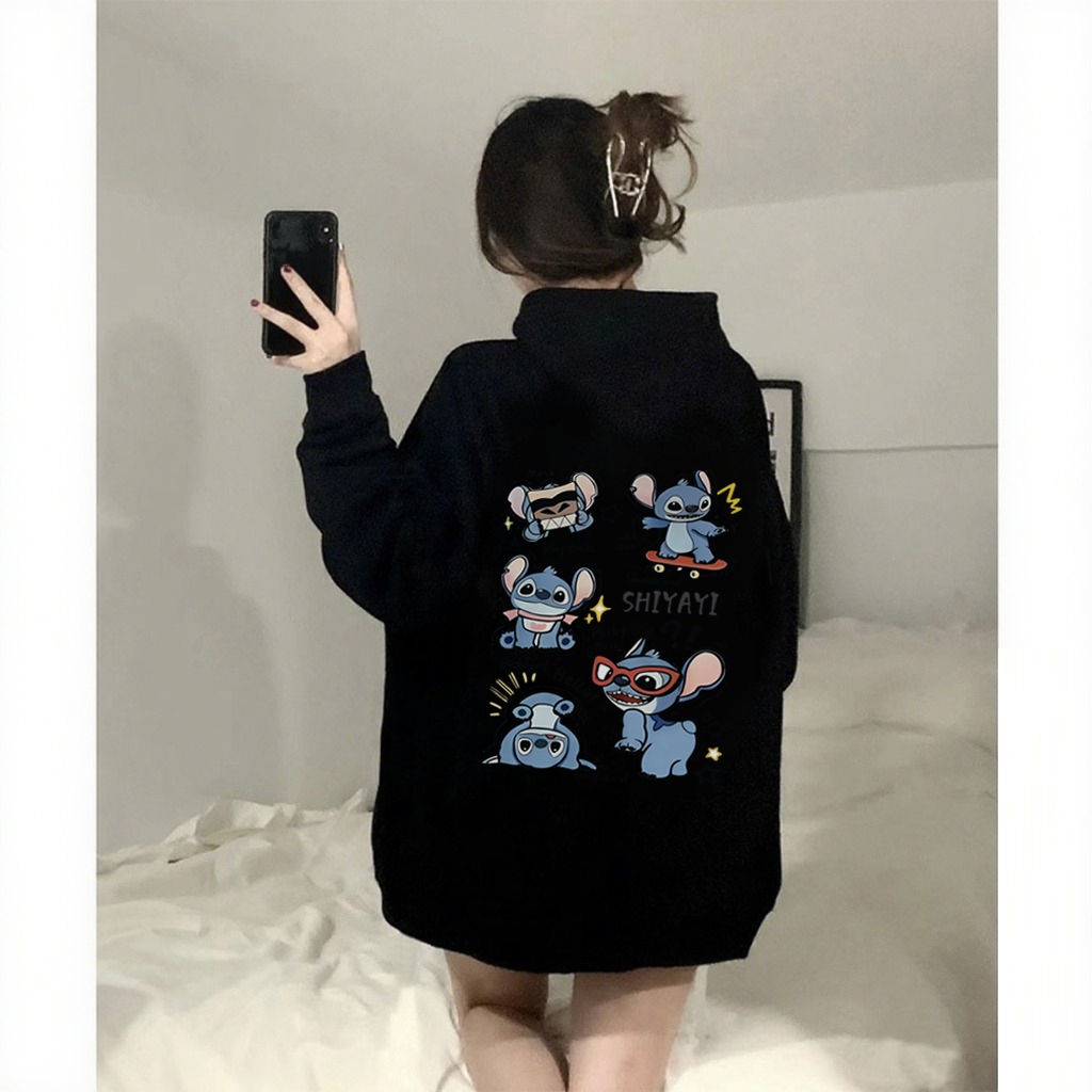 MONSEUR Hoodie Lengan Panjang Wanita Gaya Korea Dengan Motif Stitch Yang Lucu/Sweater Korea Lengan P