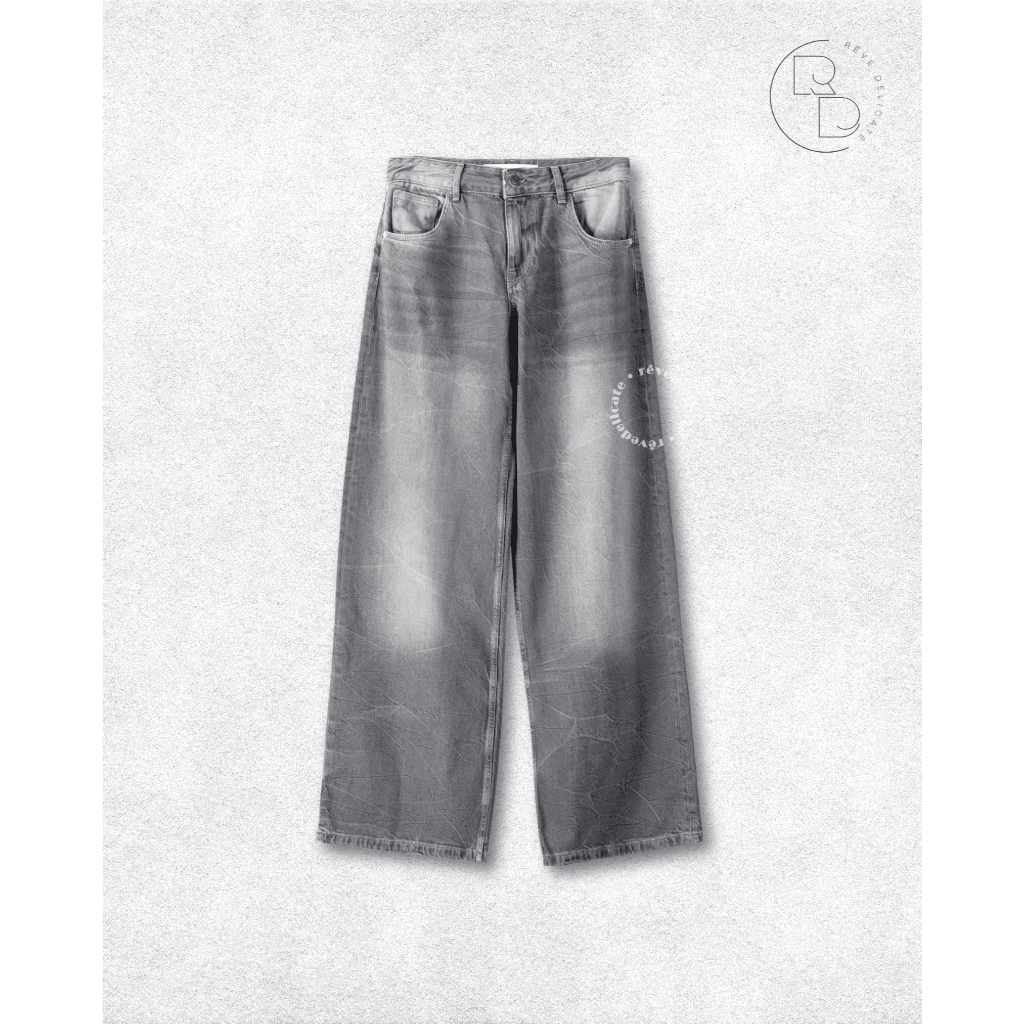 Bershka Loose Jeans Unisex Size 40 | Celana Jeans Wide Leg Pria Wanita | Grey Washed Denim | Celana 
