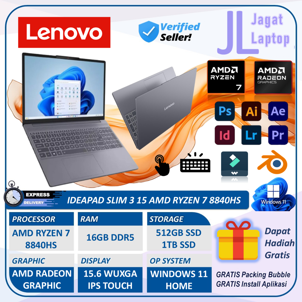 Lenovo Ideapad Slim 3 15 Ryzen 7 8840HS Ram 16GB 1TB SSD 15 Inch WUXGA IPS Touchscreen