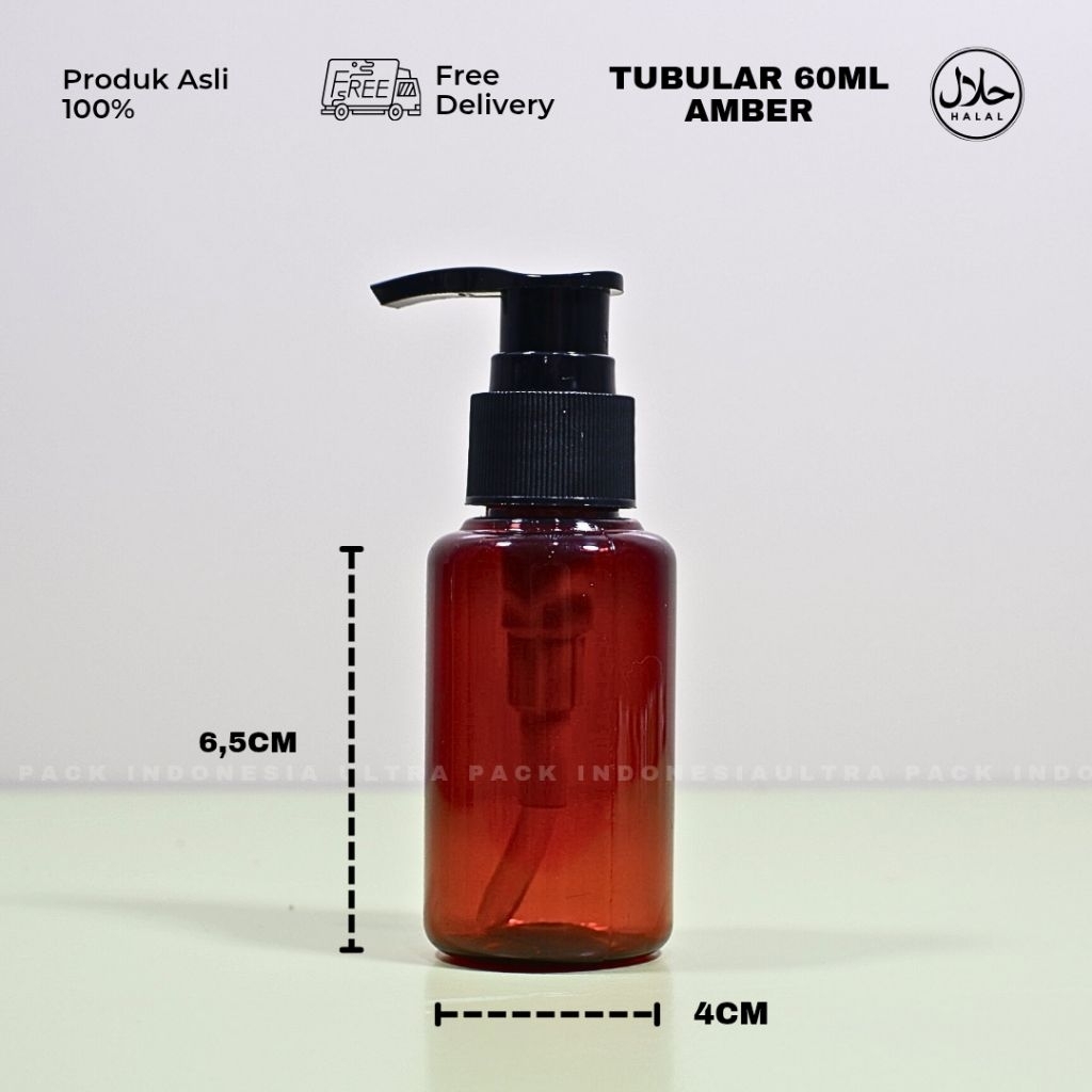 BOTOL PET TUBULAR 60ML AMBER + LOTION PUMP HITAM
