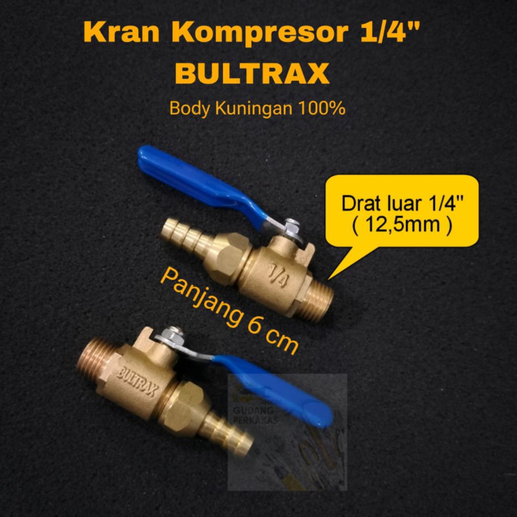 Kran Kompresor 1/4" GAGANG BIRU Bultrax Keran Valve Angin Compresor 1/4 Kuningan Air Cock 12,5 MM