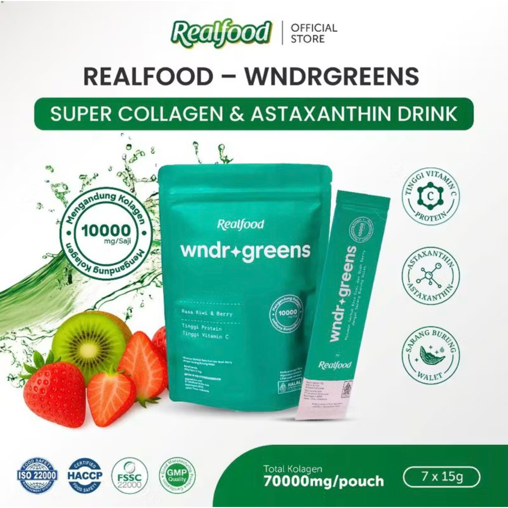 Realfood WNDRGREENS Single Pouch Super 10,000mg Collagen Bird’s Nest Drink I Minuman Collagen dengan