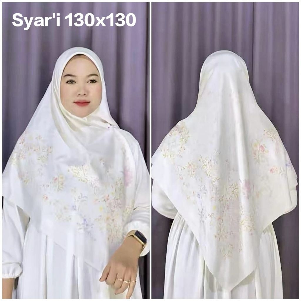 KERUDUNG SEGI EMPAT SYAR'I JUMBO VOAL MOTIF BUNGA AMELIA PUTIH UK 130X130
