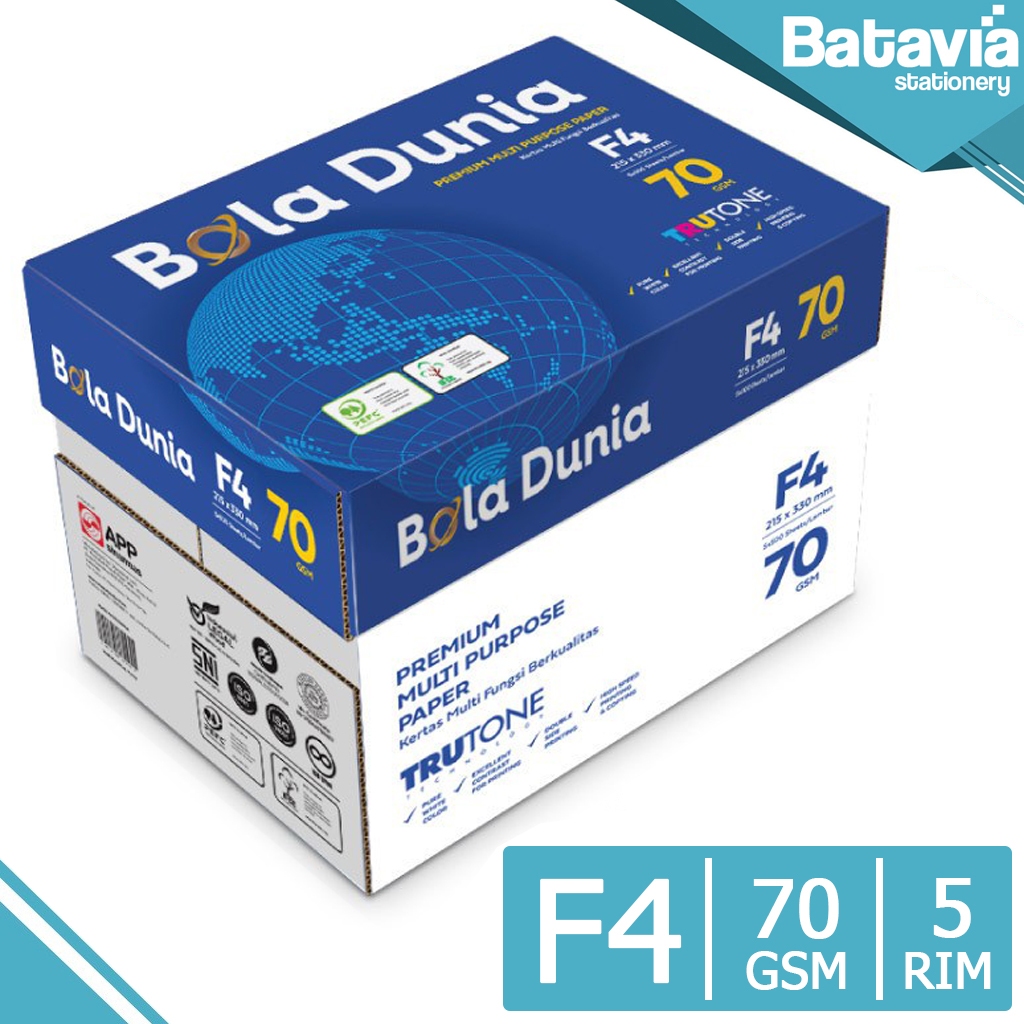Kertas HVS F4 70 GSM Bola Dunia 1 Box / 5 Rim