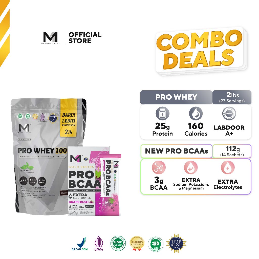 [BUNDLE] MUSCLE FIRST Pro Whey 100 2lbs + Pro BCAA 14 Sachets - Suplemen Endurance & Recovery