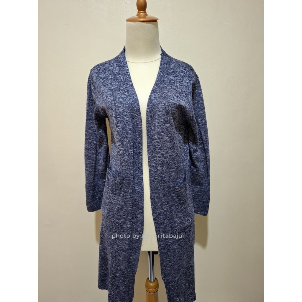 Long Cardigan Wanita Abu Mix Biru Rajut Panjang Outer Casual Ada Saku (Preloved)