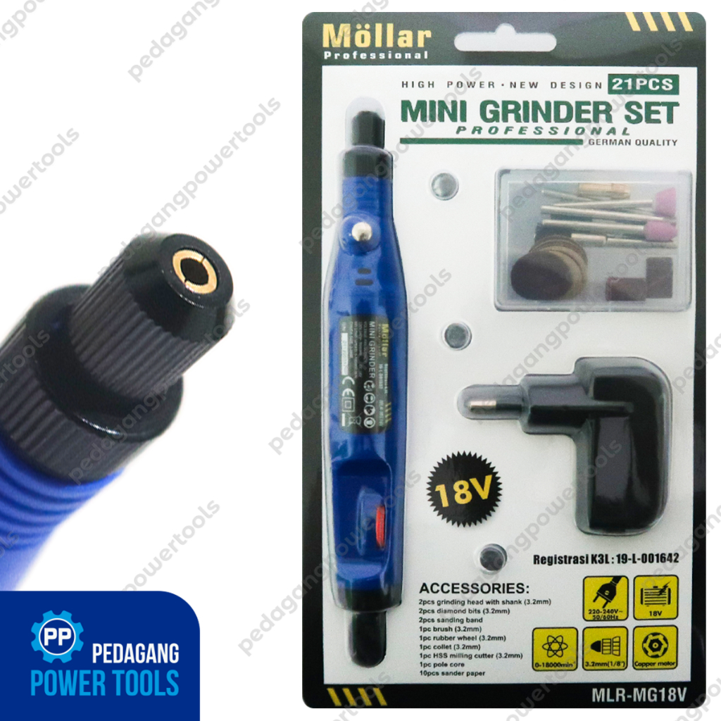 MOLLAR 18V MINI GRINDER LISTRIK SET 21 PCS BOR GERINDA TUNER ADAPTOR