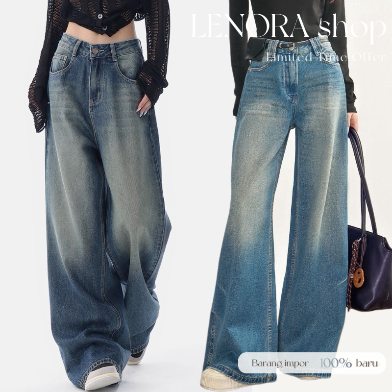 S~6XL Jeans Longgar Kaki Lebar Wanita Celana Jeans Lurus Ukuran Besar Jeans Pinggang Tinggi