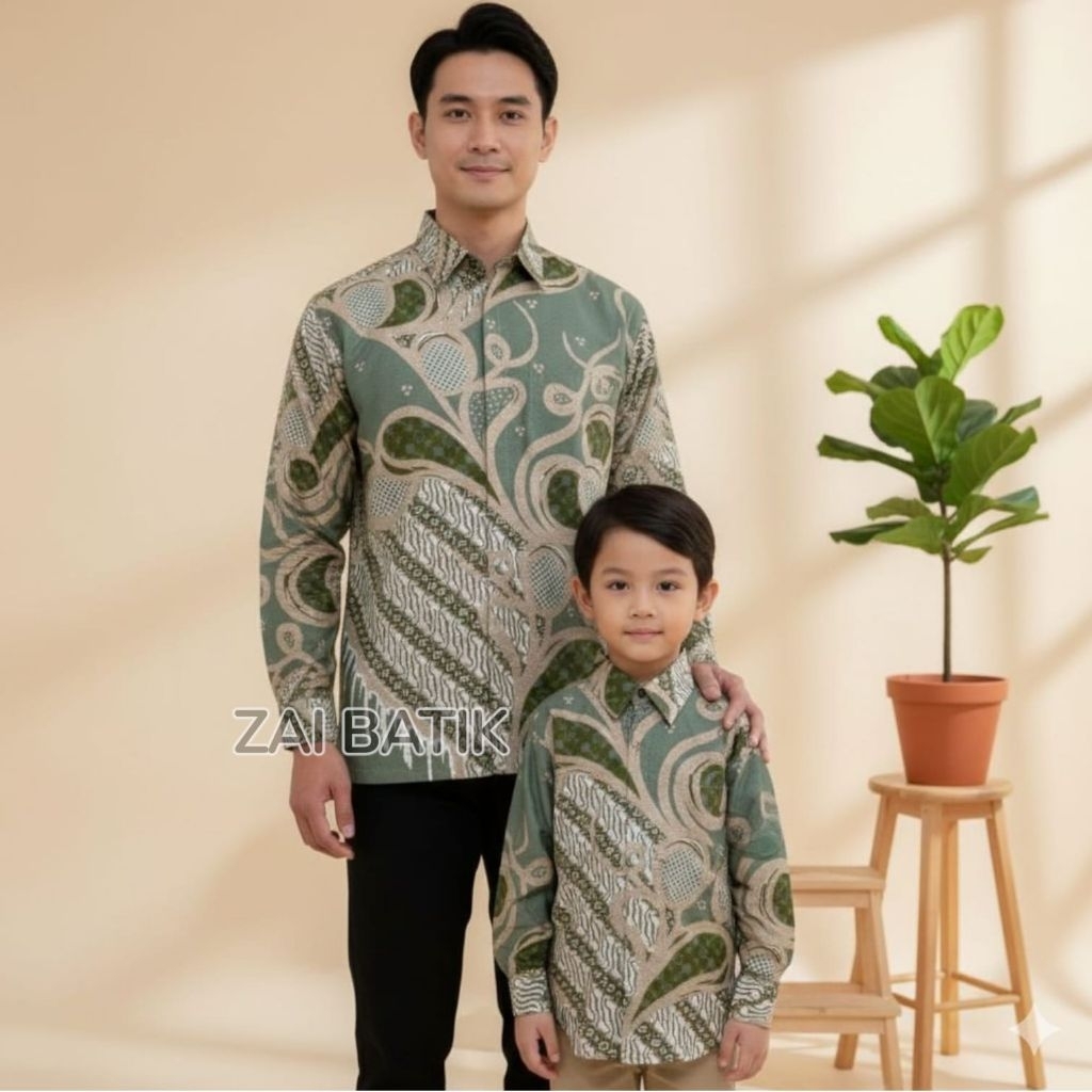 Batik Couple Ayah Anak Katun Premium Hijau Sage COD BATIK COUPLE AYAH ANAK PREMIUM