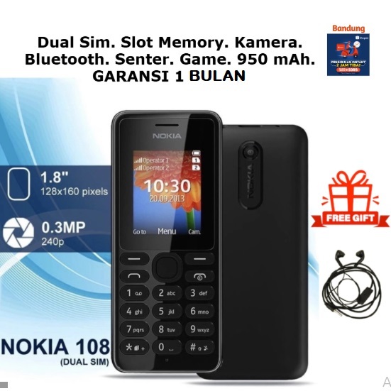 HP NOKIA 108 BARU GARANSI 1 BULAN DUAL SIM SLOT MEMORY KAMERA RADIO SENTER GAME 950 mAh