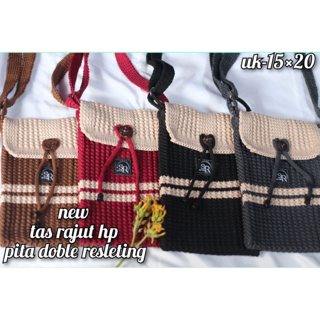 tas hp rajut model terbaru/tas rajut selempang pita resleting new