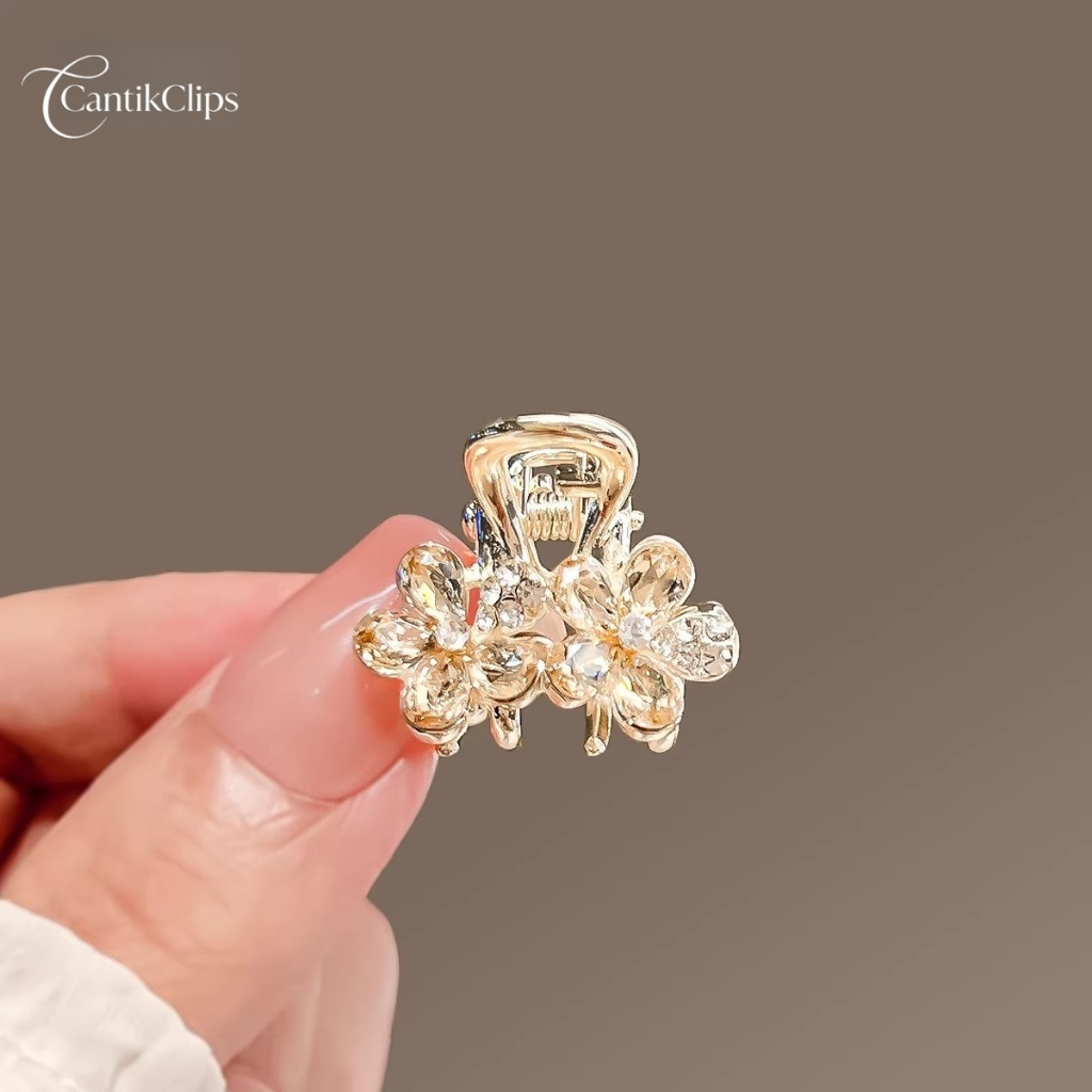 Jepit Rambut Mini Kristal Bunga Frame Emas Anti Karat Mewah Hadiah Spesial