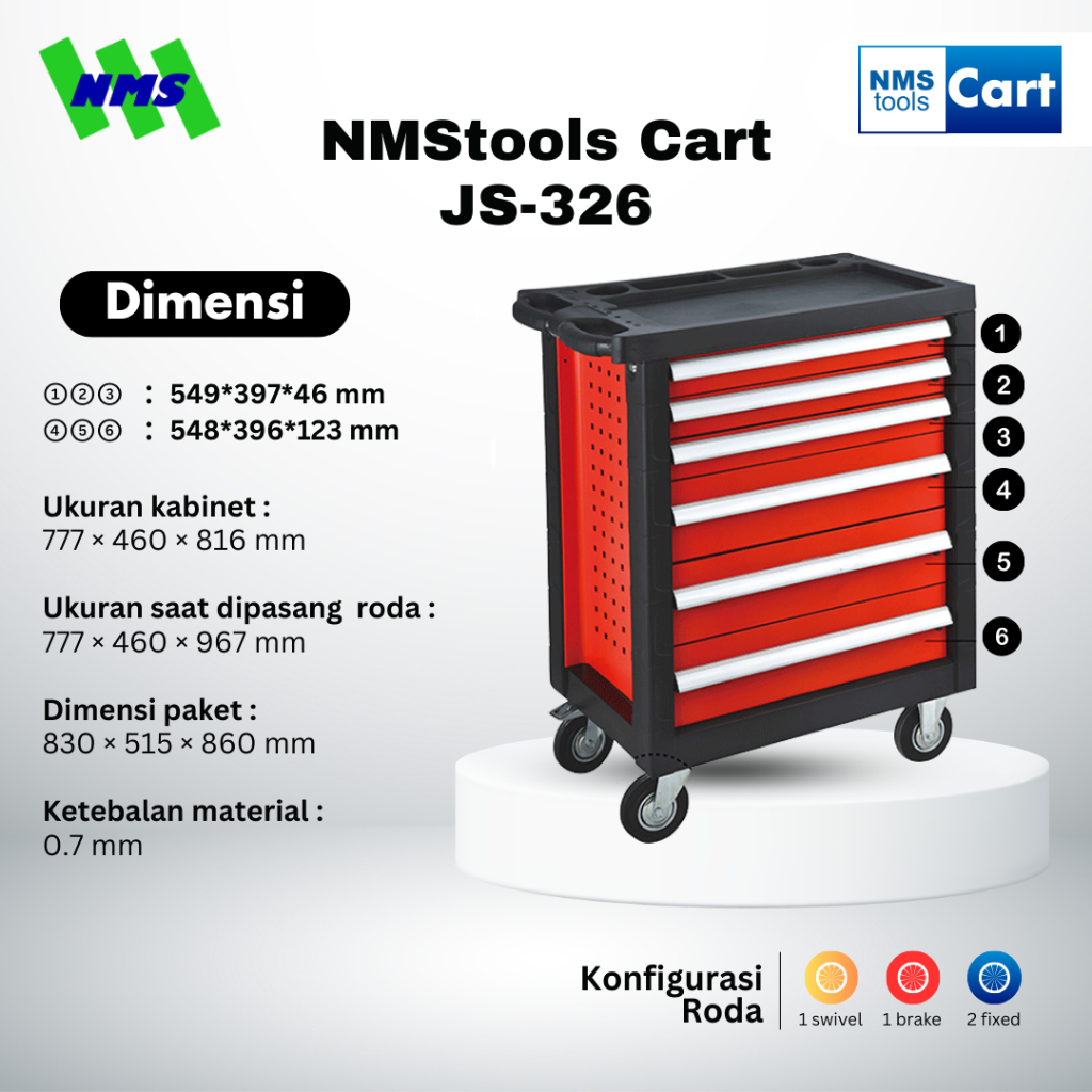 Troli Bengkel NMStools JS-326-6 Kotak Lemari Tool Box Cabinet Trolley 6 Drawer Enam Susun Laci Bengk