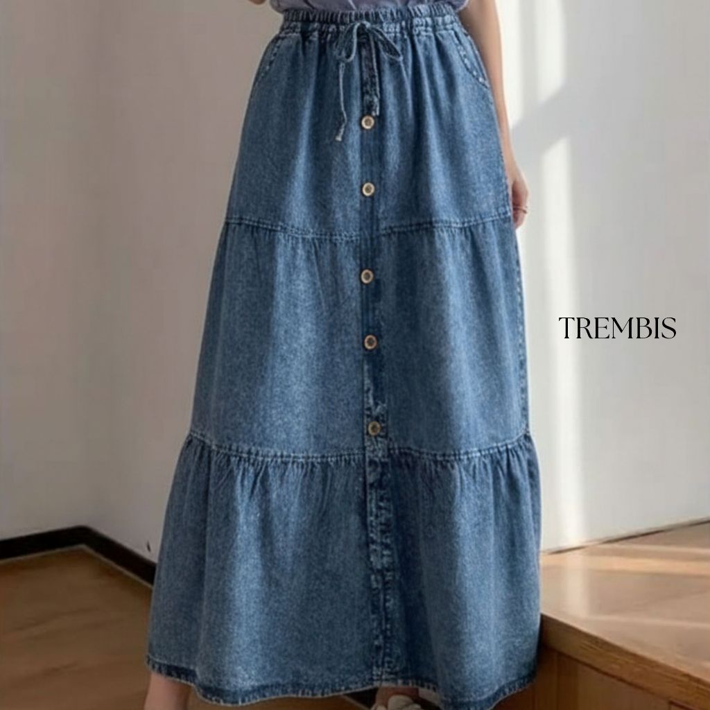 TB - Rok Denim Kancing Depan Rempel Model Susun Tiered Skirt Meva - Rok Jeans Snow Wash Panjang Wani