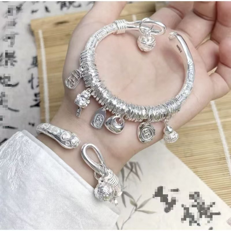 9999Gelang Perak Murni Dewa Kekayaan Kuning Wanita, Gelang Perak Bungkus Gaya Tiongkok Baru, Gelang 