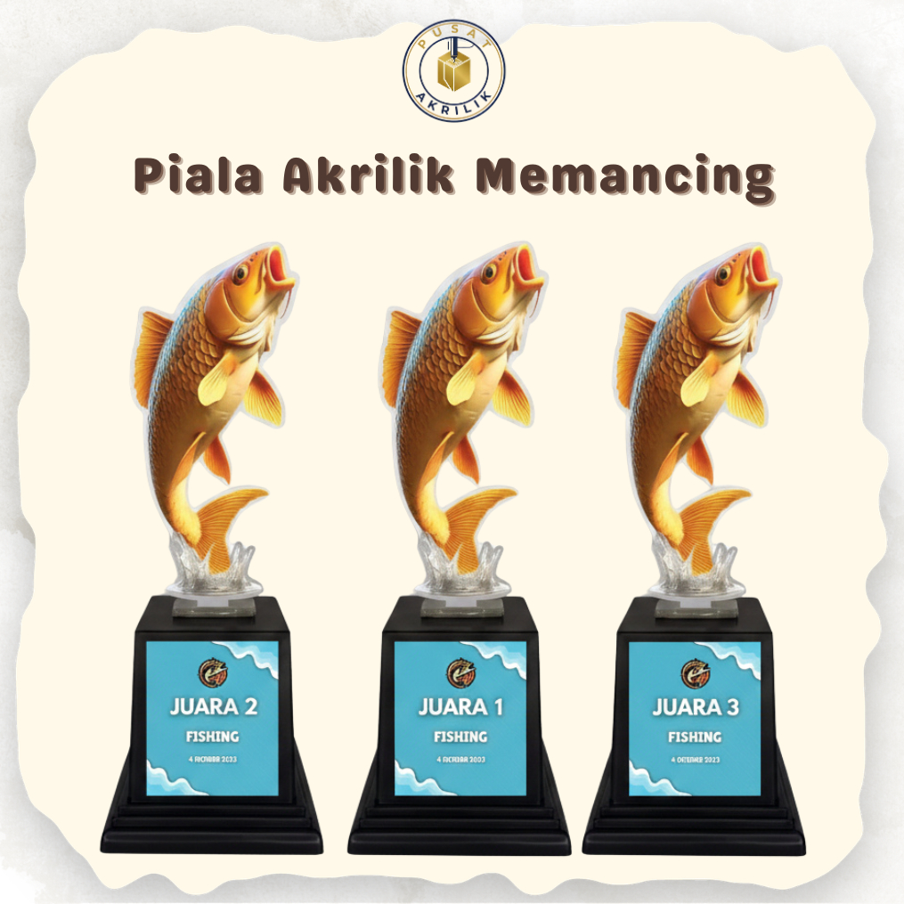 Piala Akrilik Stiker Custom Memancing | Trophy Motif Ikan Mas | Hadiah Juara Lomba 17 Agustus