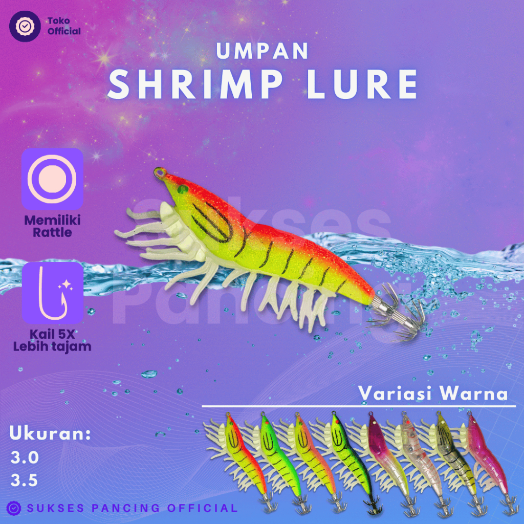 Umpan Pancing Cumi Shrimp Lure Bentuk Udang Kaki Super Glow Rattle Size 3.0 3.5
