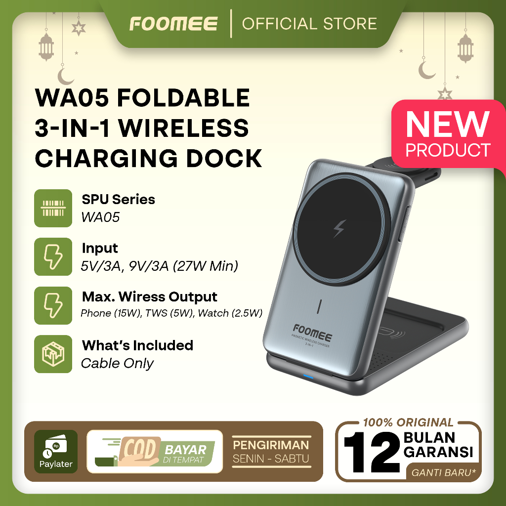 FOOMEE WA05 3in1 Wireless Charging Dock 15W Fast Charge Lipat | Charger Wireless HP + TWS + Smartwat