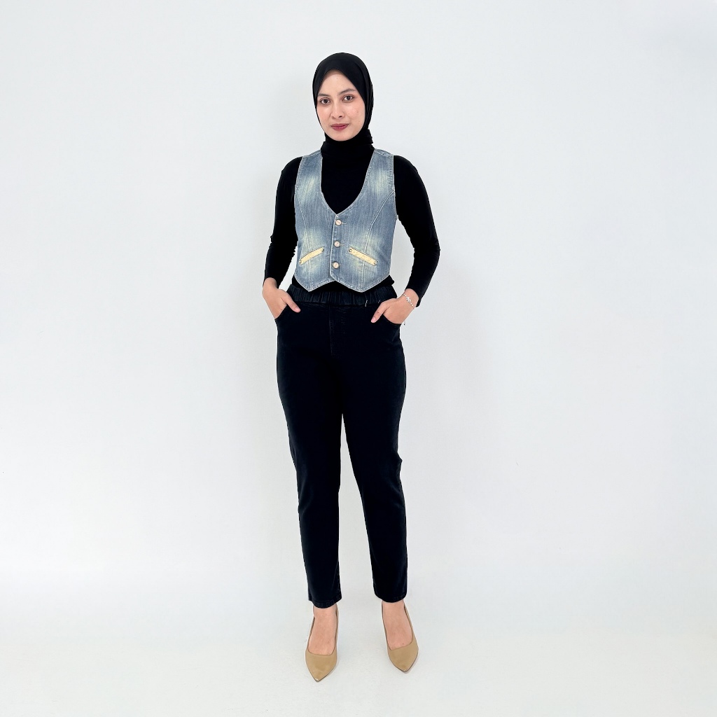 Lezahrasignature Rompi Jeans Wanita Model Crop Panjang 47cm dengan Cutting Slim-Fit yang Elegant, Lu